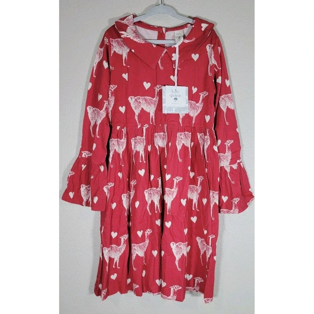 Kate Quinn Red Llama Heart Bamboo‎ Dress Girls 7Y NWT 2023
